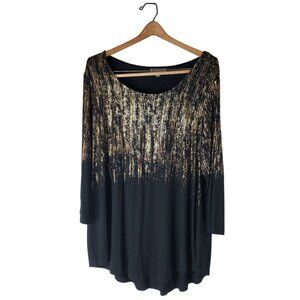 JM Collection Women's Black Gold Foil Print Knit Top Blouse 3/4 Sleeves XL